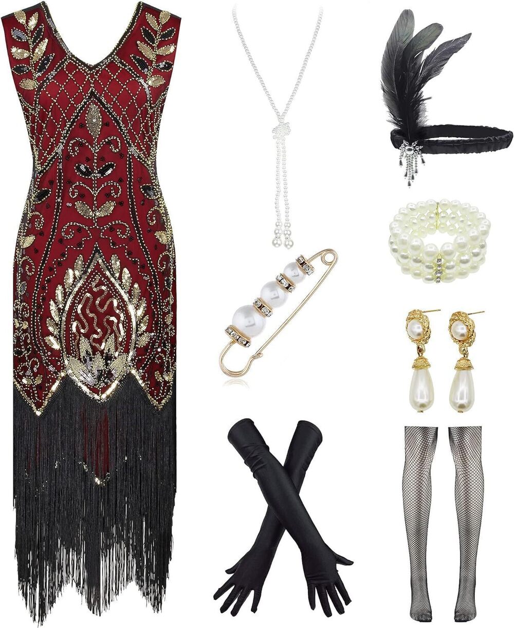 5693 1920s Gatsby V-Neck Sequin Art Deco Flapper Dress with 20s Accessories